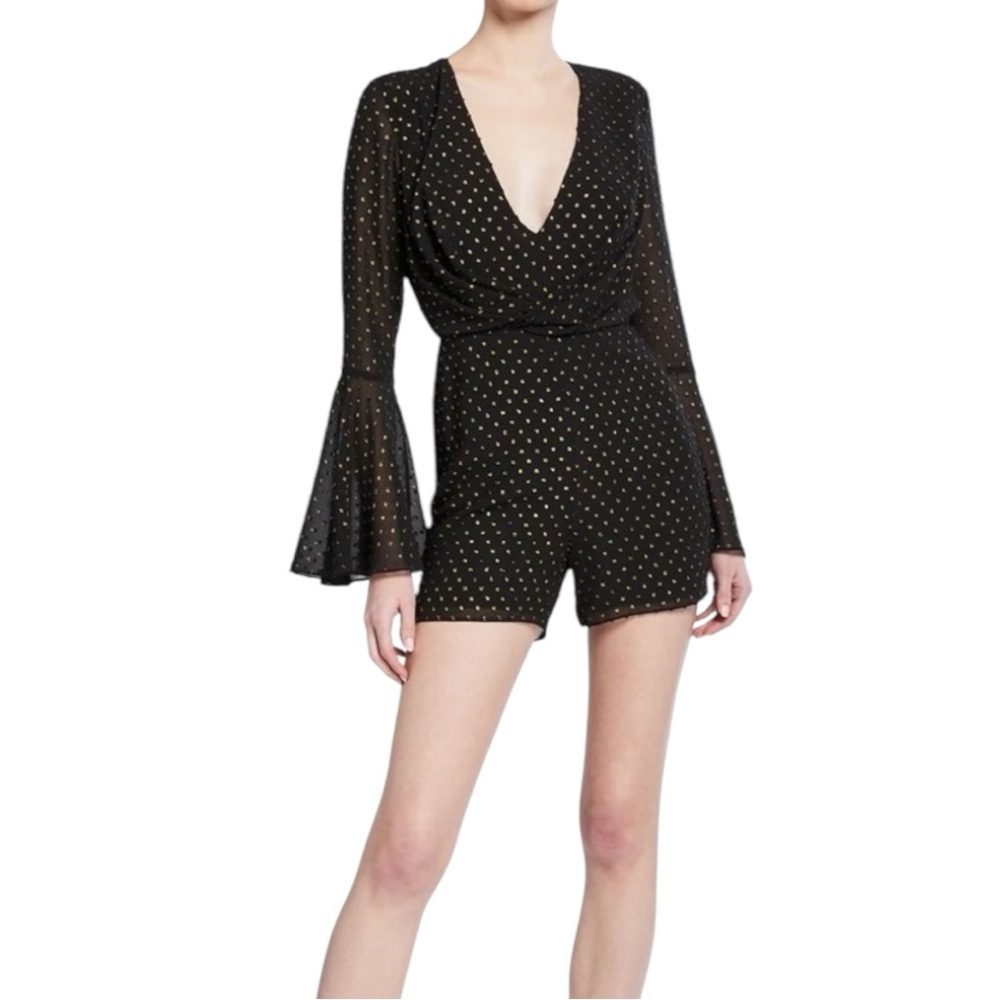 Jay Godfrey Colette Metallic Gold Dot Black V Neck Romper size 4 Bell Sleeve